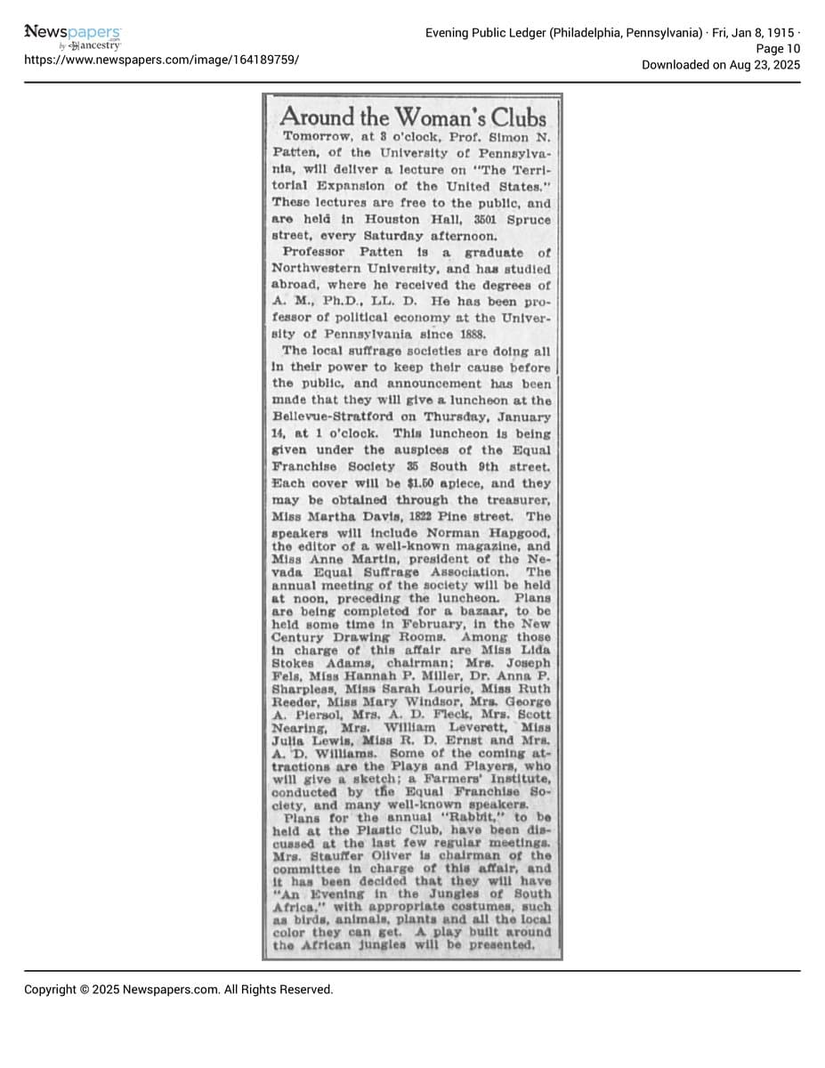 Evening Public Ledger page from January 8, 1915 with the Equal Franchise Society ticket notice naming Miss Martha Davis of 1822 Pine Street