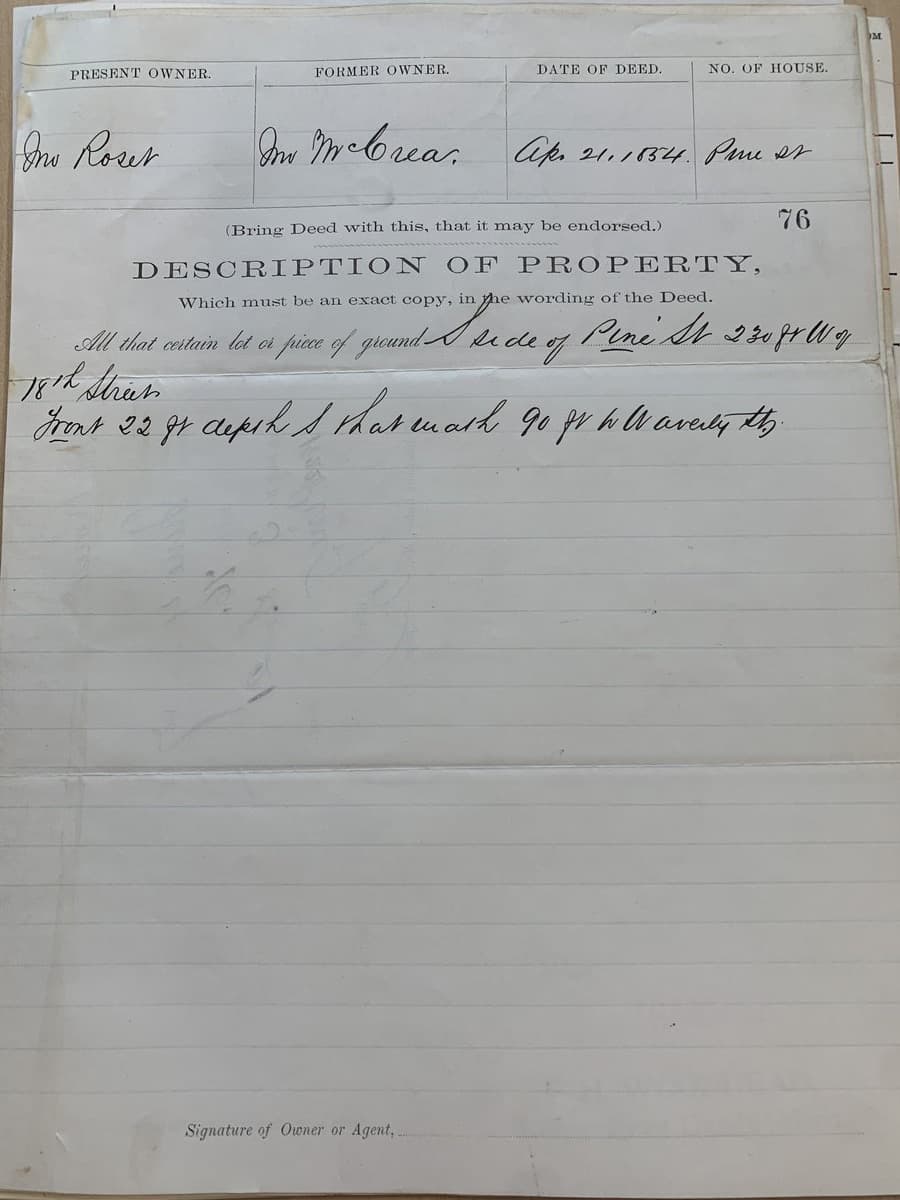 1854 deed document for 1822 Pine Street