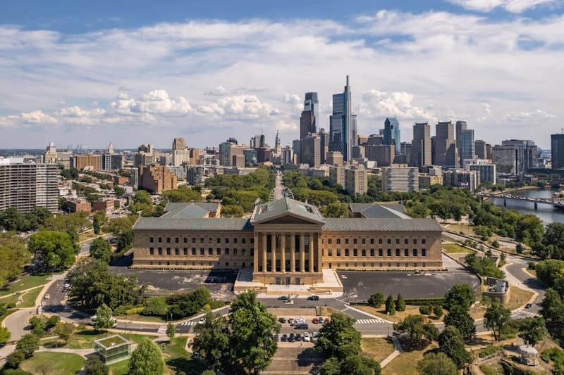 Aerial view of the Philadelphia Museum of Art with the Center City skyline beyond