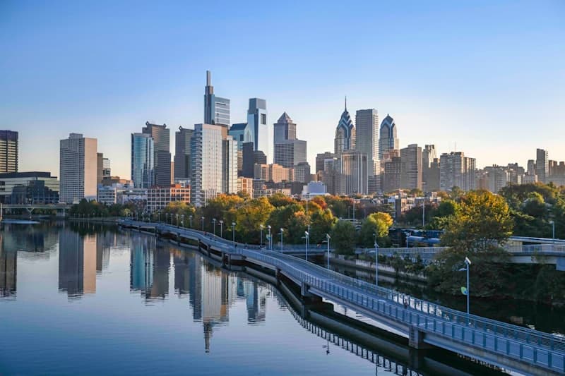 Center City Philadelphia skyline reflected in the Schuylkill River along the Schuylkill Banks boardwalk