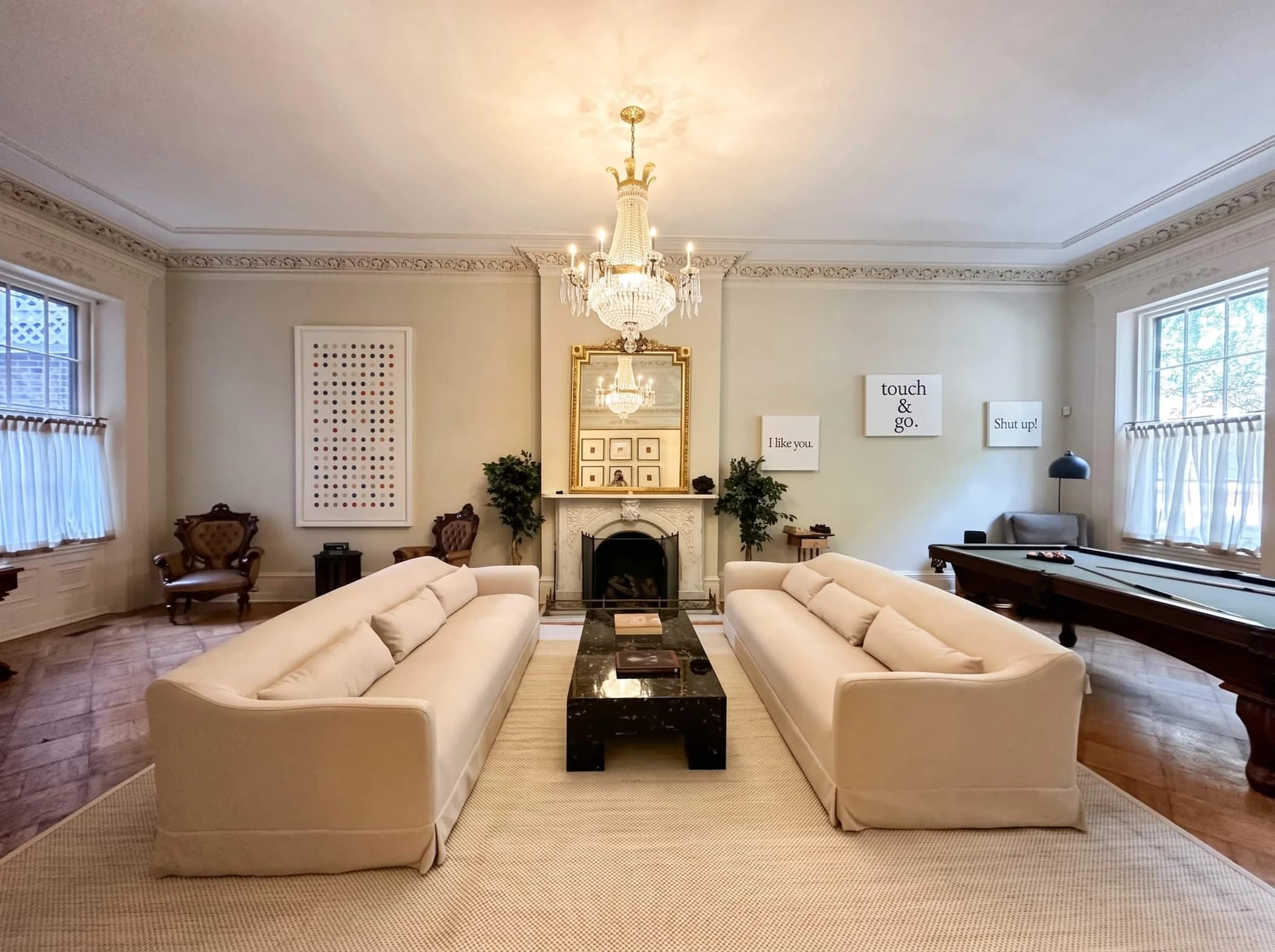 Grand Parlor in its regular daily configuration with the pool table at one end